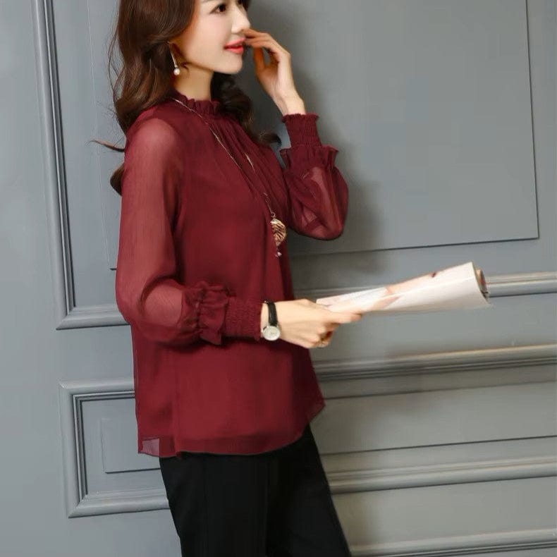 Stylish women's chiffon blouse with ruffles & transparent sleeves – Elina