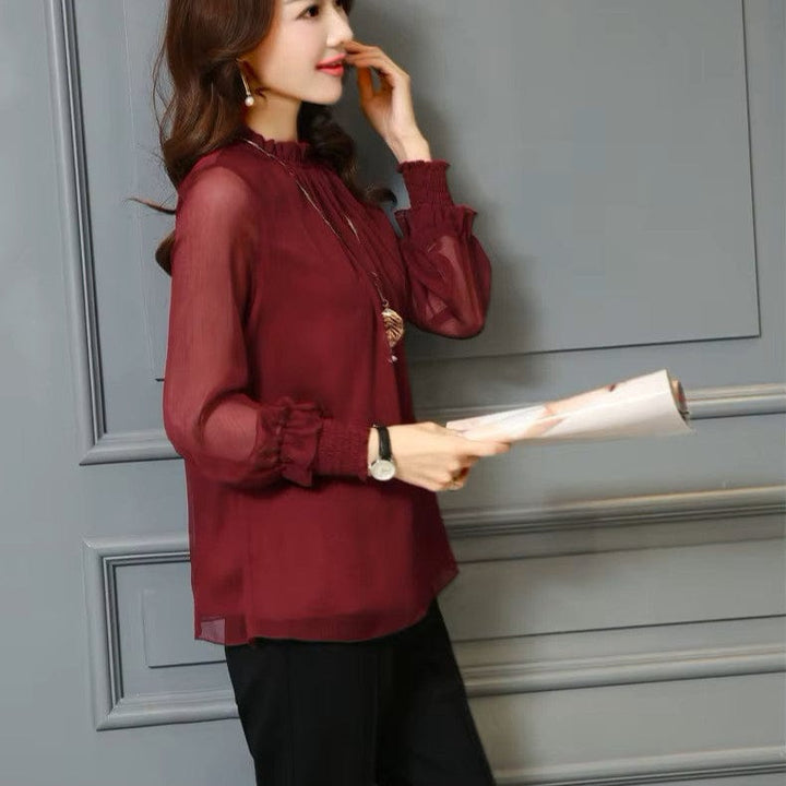Stylish women's chiffon blouse with ruffles & transparent sleeves – Elina