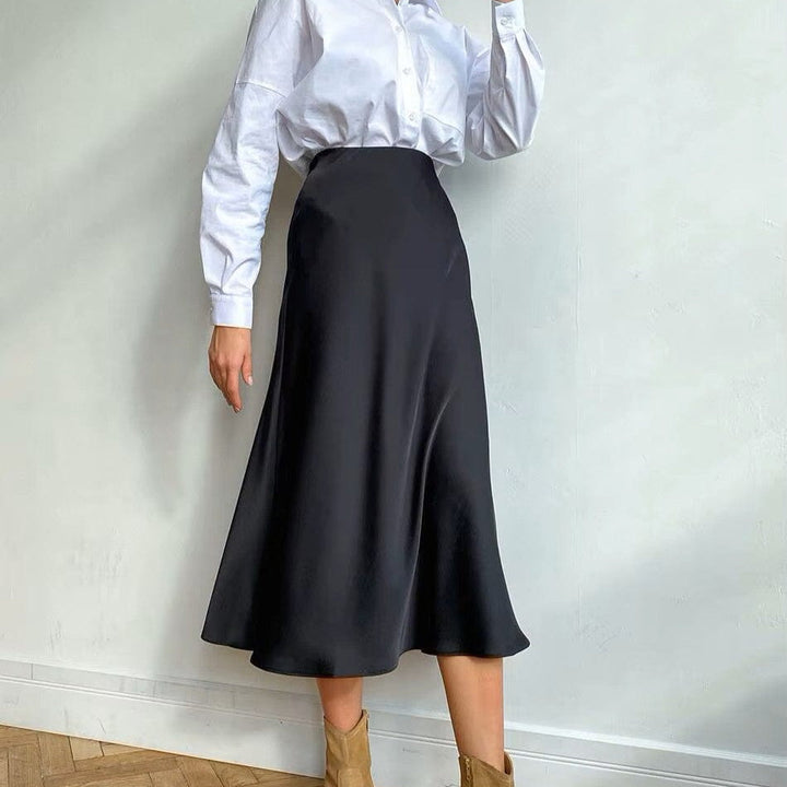 Satin-shimmering women's midi skirt in A-line with high waist – Liora