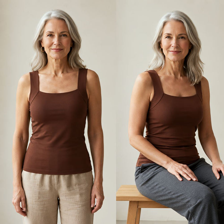Zwei Aufnahmen derselben Frau im braunen Tanktop, links stehend mit Leinenhose, rechts sitzend auf einem Holzhocker. 5