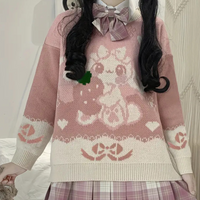 Rosa Strickpullover mit niedlichem Cartoon-Muster, Mädchenmode, Herbst-Winter, kawaii Stil.