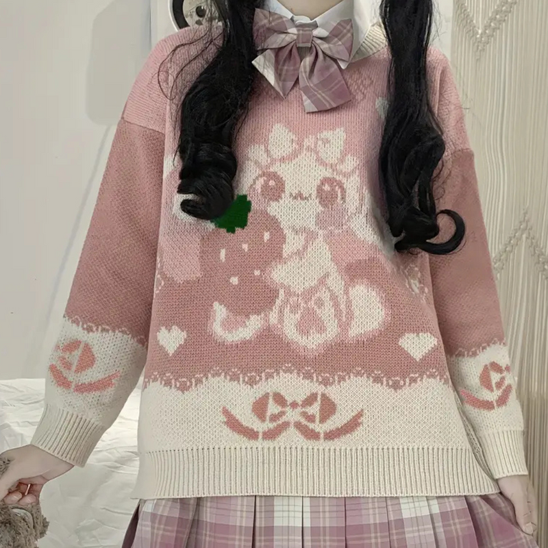 Rosa Strickpullover mit niedlichem Cartoon-Muster, Mädchenmode, Herbst-Winter, kawaii Stil.