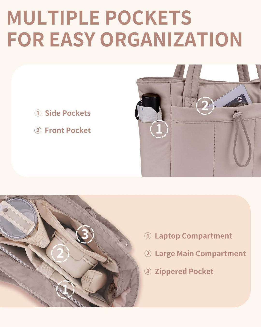 Bolso tote acolchado con portavasos y compartimento para portátil para viajes y trabajo