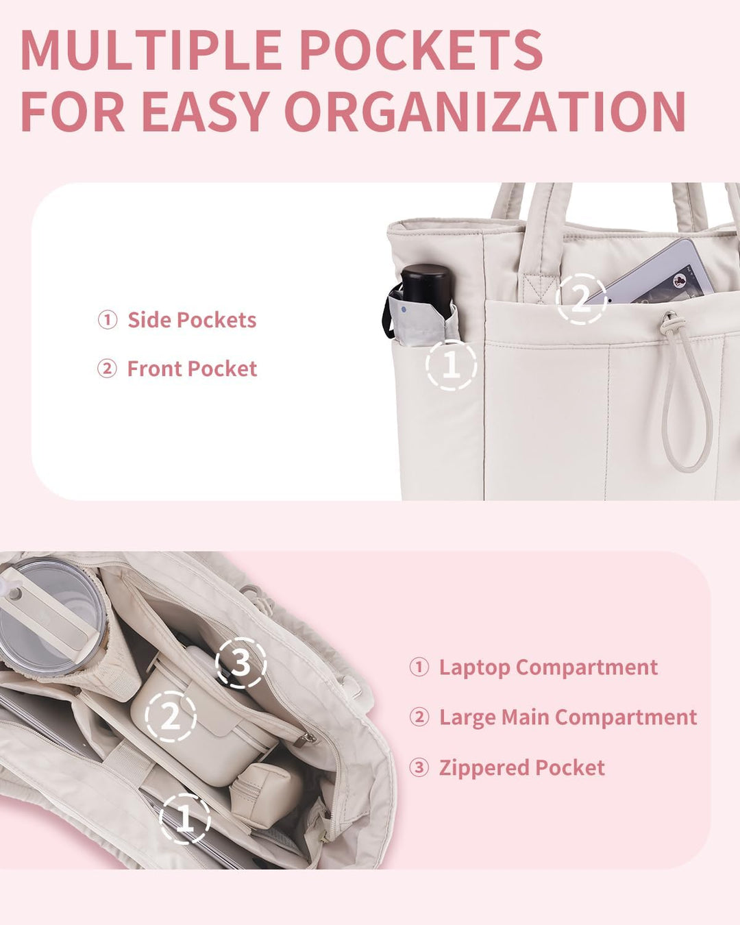 Bolso tote acolchado con portavasos y compartimento para portátil para viajes y trabajo