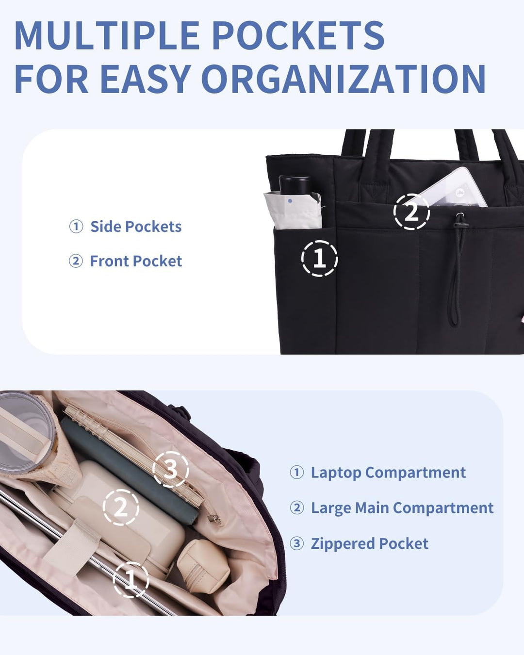 Bolso tote acolchado con portavasos y compartimento para portátil para viajes y trabajo
