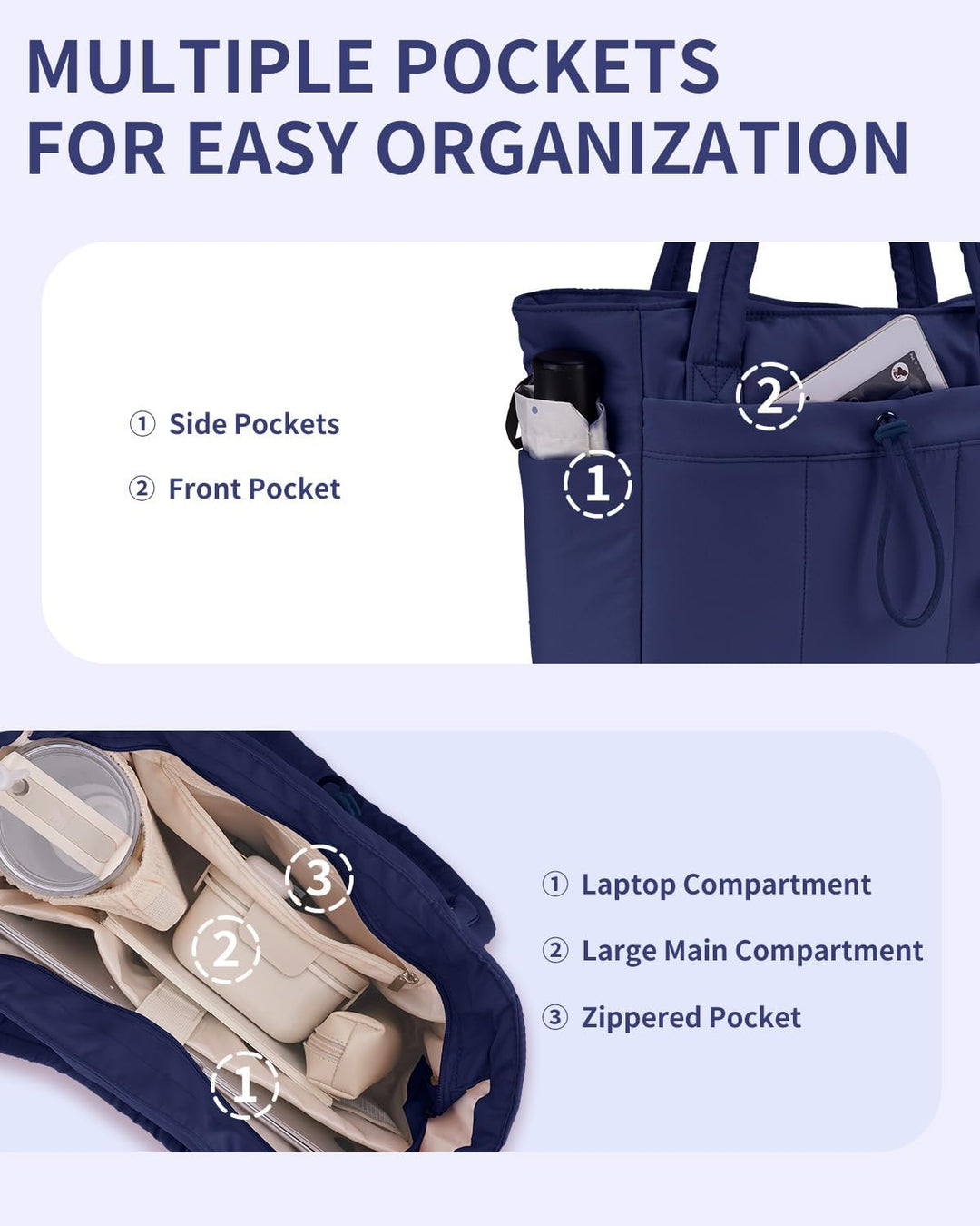 Bolso tote acolchado con portavasos y compartimento para portátil para viajes y trabajo