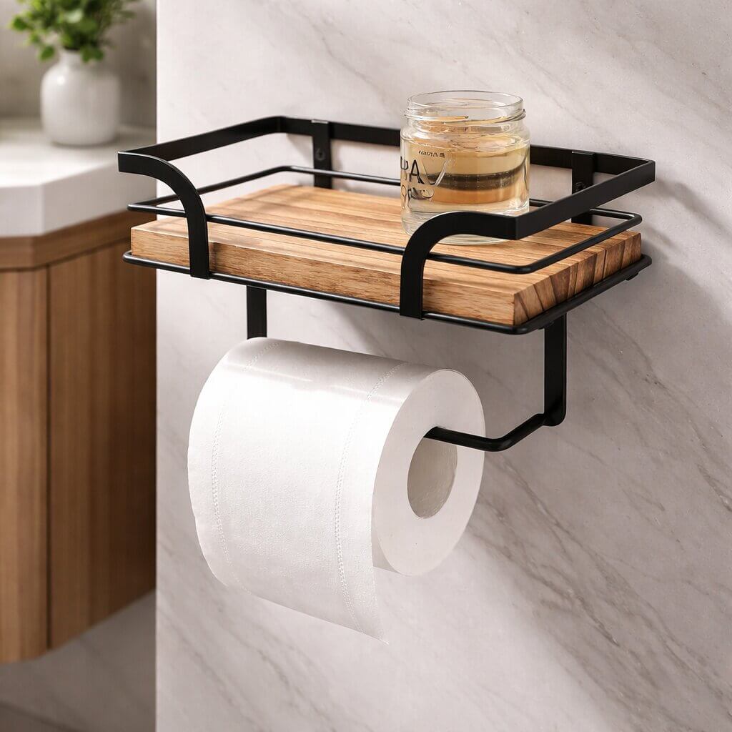 Nahaufnahme der Holzablage mit schwarzem Metallrahmen und einem kleinen Glas darauf, darunter eine Rolle Toilettenpapier. 5