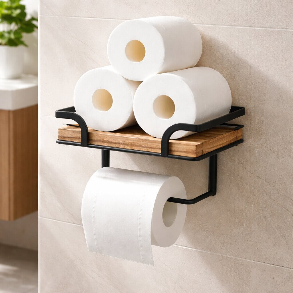 Drei aufgestapelte Toilettenpapierrollen auf der Holzablage, darunter hängt eine weitere Rolle am schwarzen Metallbügel. 4