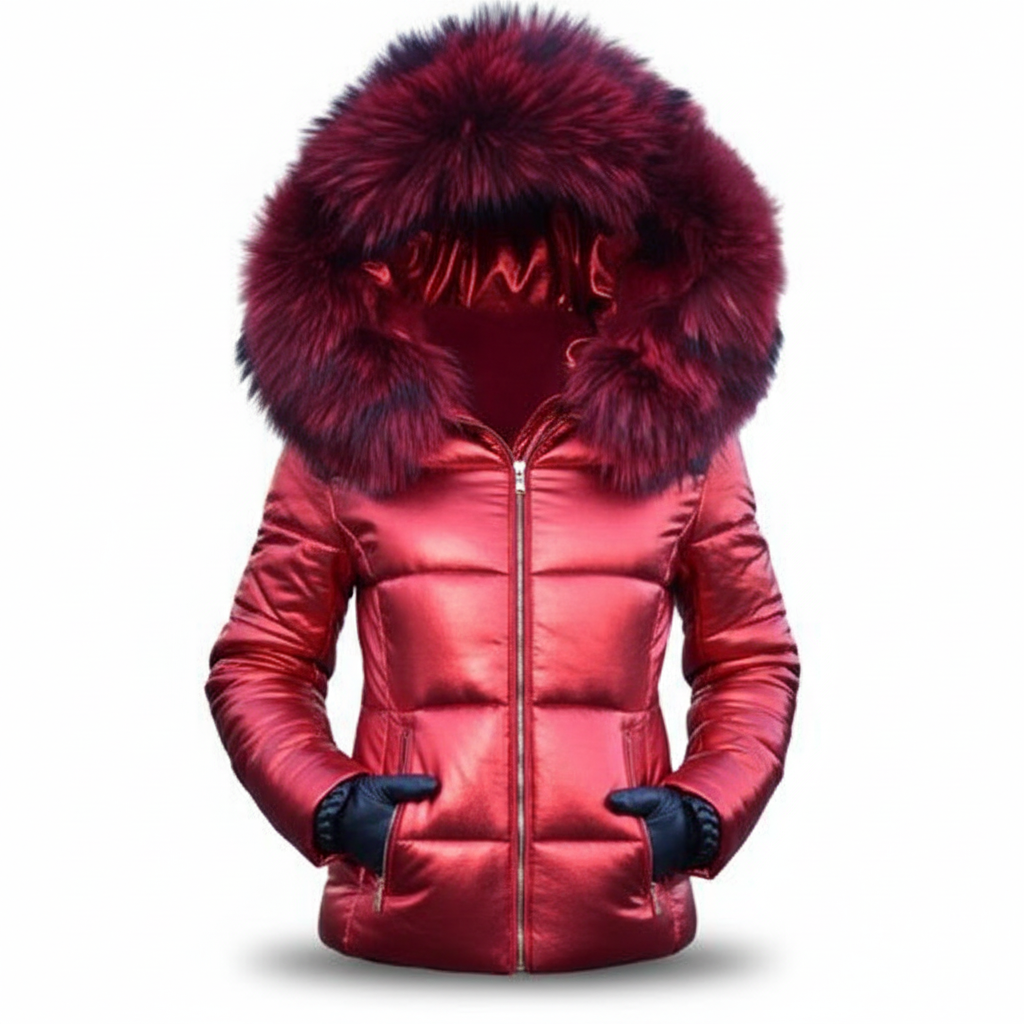 Rote metallisch glänzende Steppjacke mit weinrotem Pelzbesatz an der Kapuze, Frontansicht mit Händen in den Taschen, dunkle Handschuhe sichtbar. 10