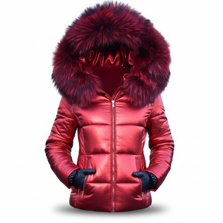 Rote metallisch glänzende Steppjacke mit weinrotem Pelzbesatz an der Kapuze, Frontansicht mit Händen in den Taschen, dunkle Handschuhe sichtbar. 10