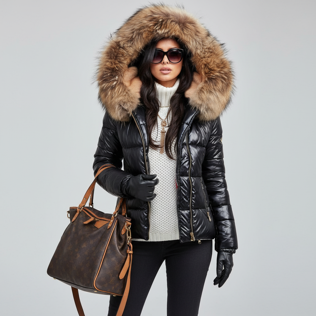 Model im Studio vor grauem Hintergrund trägt die schwarze Steppjacke mit heller Pelzkapuze, Sonnenbrille, Lederhandschuhen und brauner Tasche. 2
