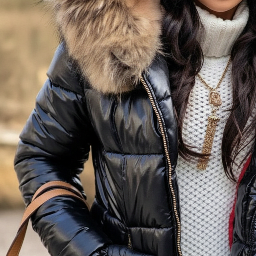 Nahaufnahme von Reißverschluss, glänzendem Steppstoff und Pelzbesatz der Kapuze an der getragenen Jacke, dazu weißer Strickrollkragen und Kette. 3