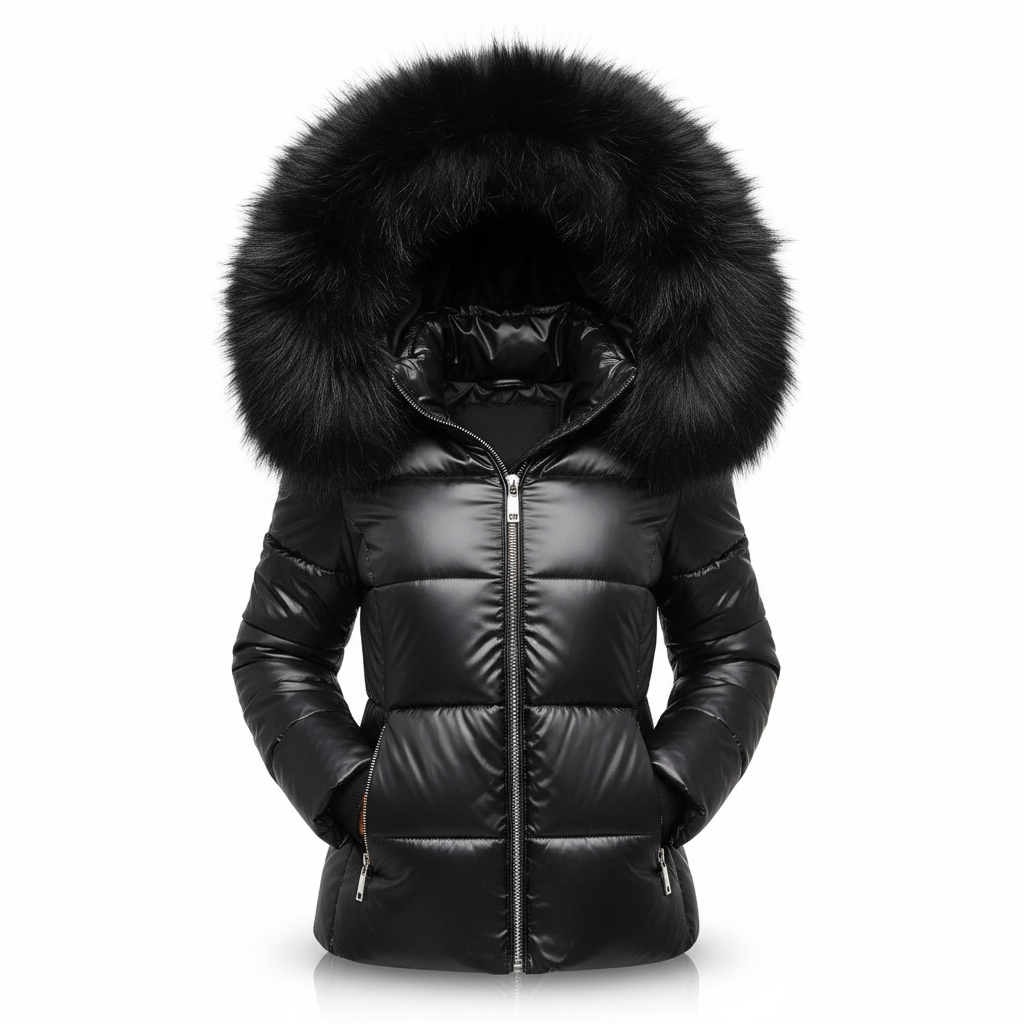 Freisteller der schwarzen glänzenden Steppjacke mit voluminösem schwarzem Pelzbesatz an der Kapuze und silberfarbenen Reißverschlüssen. 4