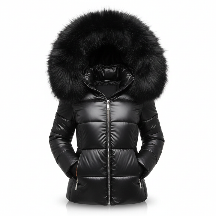 Freisteller der schwarzen glänzenden Steppjacke mit voluminösem schwarzem Pelzbesatz an der Kapuze und silberfarbenen Reißverschlüssen. 4