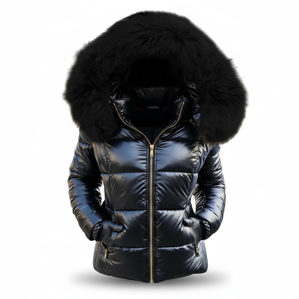 Freisteller der schwarzen Steppjacke mit dunklem Fellbesatz an der Kapuze, goldfarbenen Reißverschlüssen und seitlichen Eingrifftaschen. 5