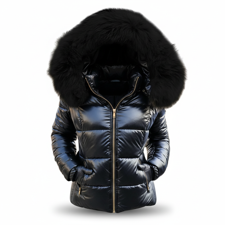 Freisteller der schwarzen Steppjacke mit dunklem Fellbesatz an der Kapuze, goldfarbenen Reißverschlüssen und seitlichen Eingrifftaschen. 5