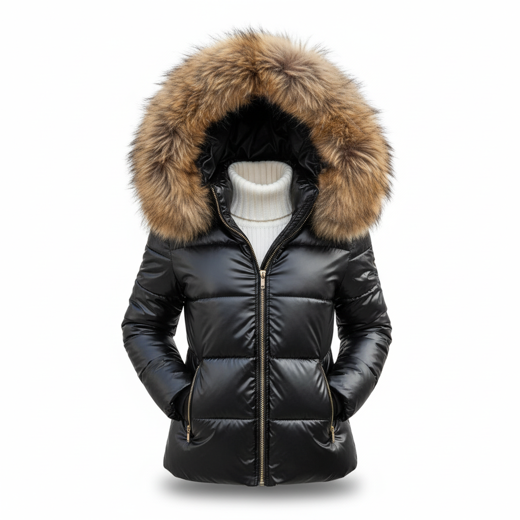 Freisteller der schwarzen Steppjacke mit braunem Pelzbesatz an der Kapuze, goldfarbenem Reißverschluss und Reißverschlusstaschen, darunter weißer Rollkragenpull 6