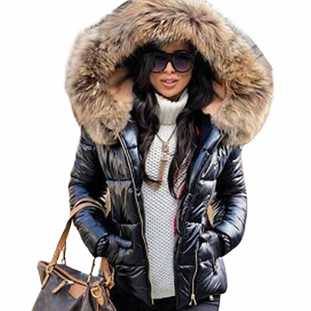 Lächelnde Frau mit Sonnenbrille trägt die schwarze Steppjacke mit braunem Pelzbesatz über weißem Strickpullover und hält eine braune Handtasche. 8