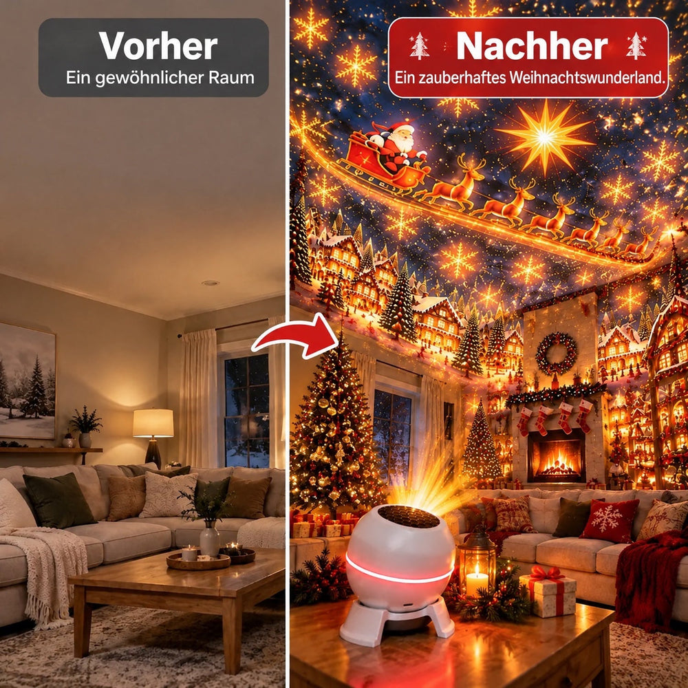 Vorher-nachher-Vergleich: schlichtes Wohnzimmer links, rechts derselbe Raum mit festlicher Weihnachtsprojektion an Decke und 2