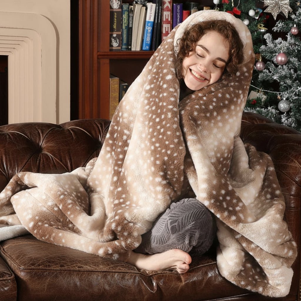 Lachende junge Frau auf einem braunen Ledersofa, eingehüllt in die gepunktete Decke wie in eine Kapuze, daneben ein Weihnachtsbaum. 2