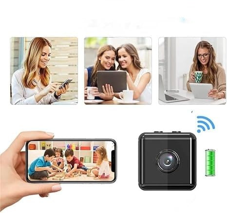 Collage mit Anwendungsszenen und der kleinen schwarzen Kamera samt WLAN- und Akku-Symbol, daneben ein Smartphone mit Live-Bild spielender Kinder. 3