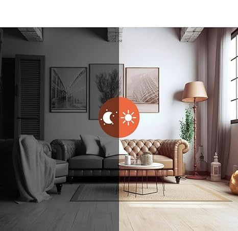 Wohnzimmer mit Ledersofa, links als Schwarzweiß-Nachtbild, rechts als Farbbild bei Tag, getrennt durch Mond- und Sonnensymbol. 4