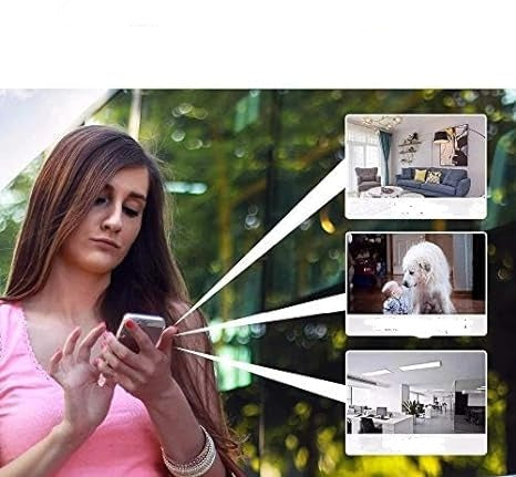 Frau schaut aufs Smartphone, drei Linien führen zu Live-Bildern von Wohnzimmer, Kind mit Hund und Büro. 7