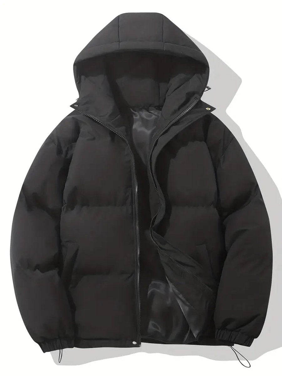 Gesteppte Kapuzenjacke in Schwarz, Vorderansicht mit offenem Reißverschluss und glänzendem Innenfutter 2