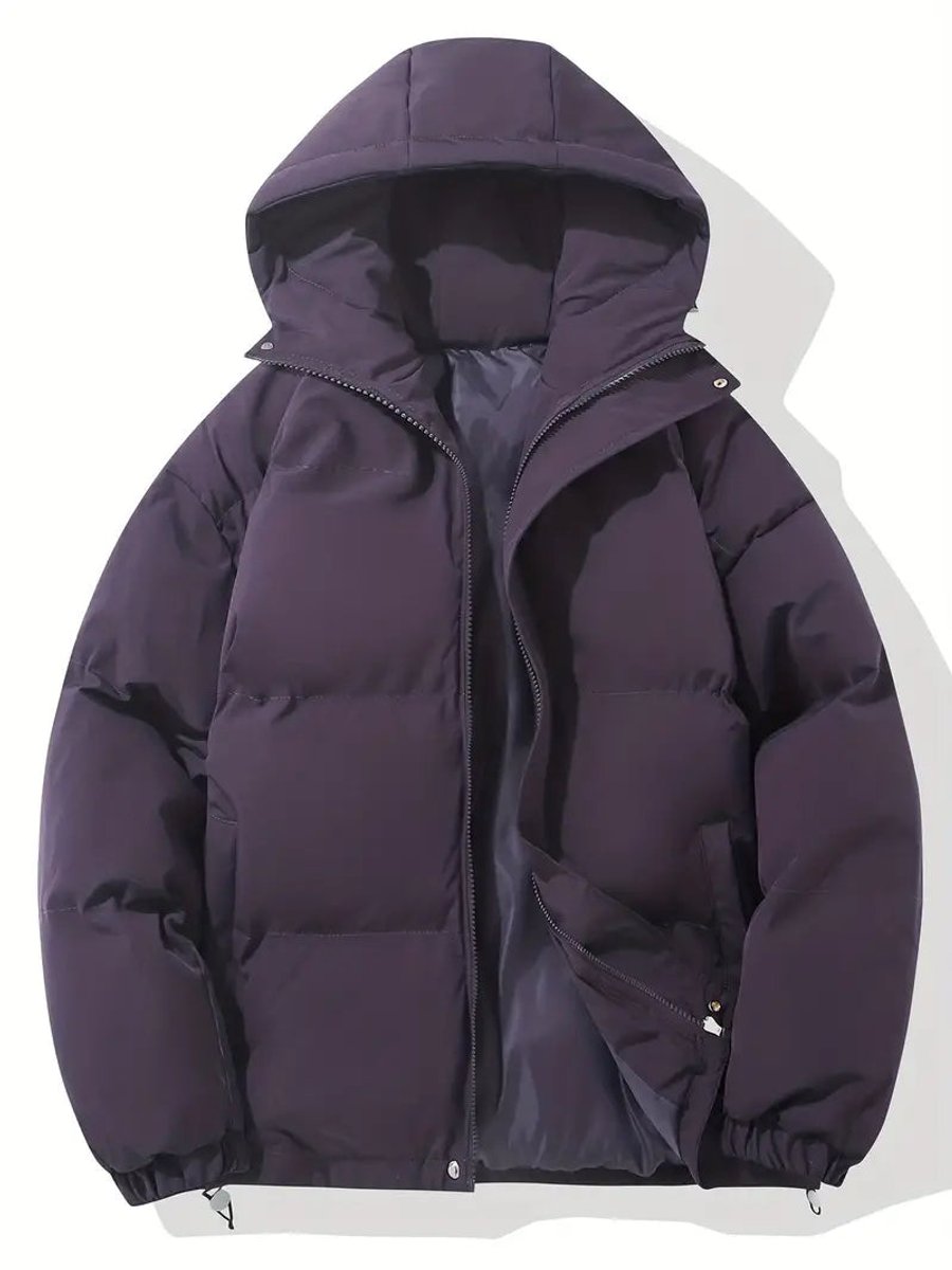 Gesteppte Kapuzenjacke in dunklem Violett, Vorderansicht mit geöffnetem Reißverschluss und grauem Innenfutter 3