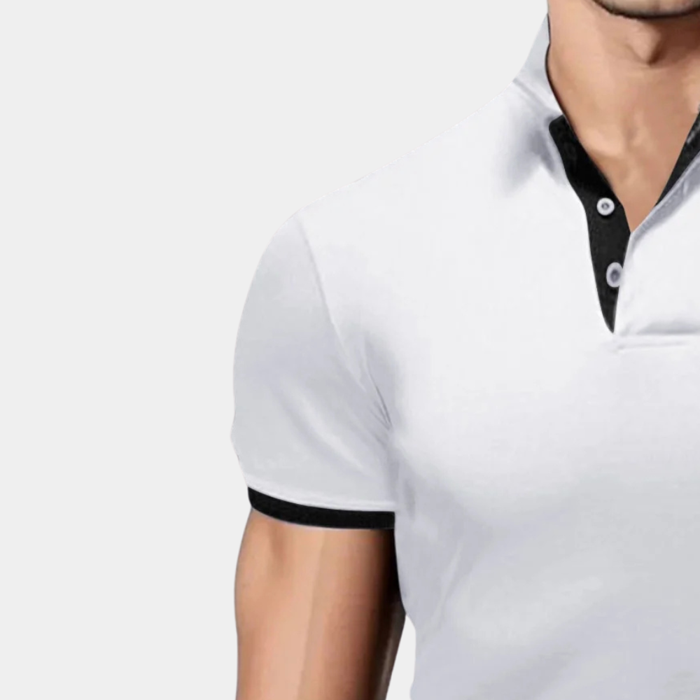 Weißes Herren-Poloshirt mit schwarzem Kragen, Kurzarm, Baumwolle, modisch, elegant.