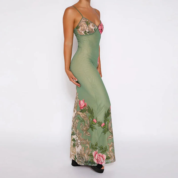 Floral Summer Maxi Dress with V-Neck and Spaghetti Straps - Alina