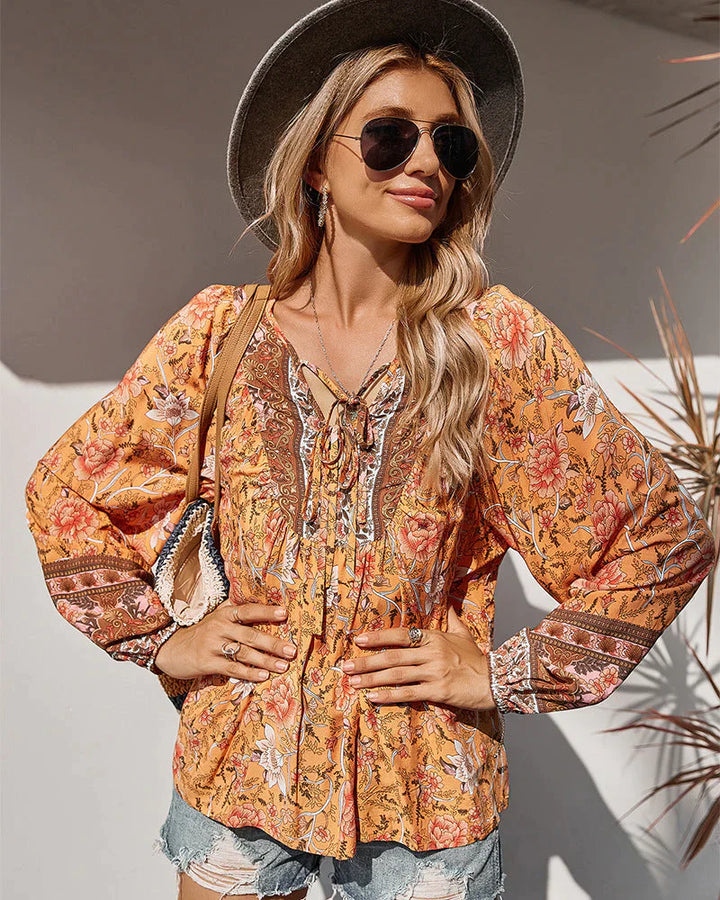 Vintage boheme sommerbluse med blomsterprint og lange ærmer – Sana