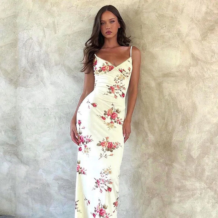 Floral Summer Maxi Dress with V-Neck and Spaghetti Straps - Alina