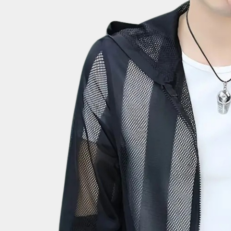 Schwarze Netzjacke mit Kapuze, transparentes Design, modische Oberbekleidung für Damen.