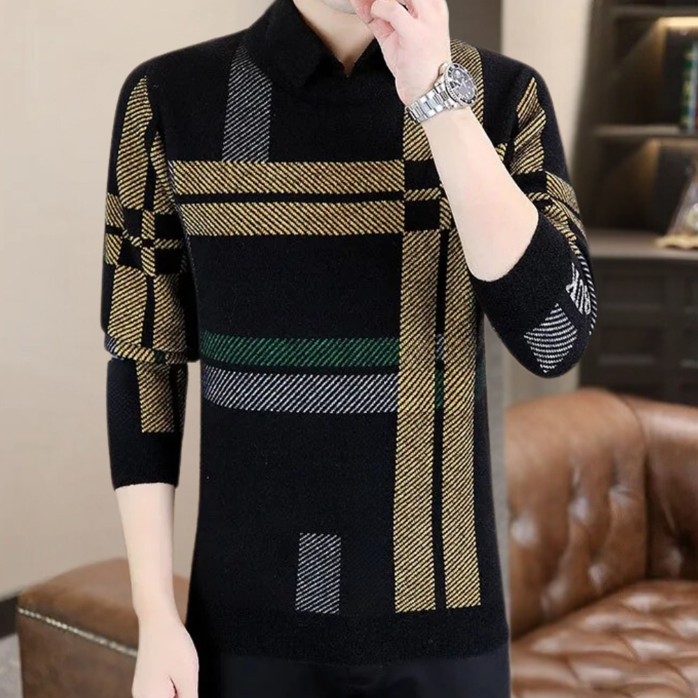 Schwarzer Herrenpullover mit kariertem Muster, Langarm, modisch, elegant, aus Baumwolle.