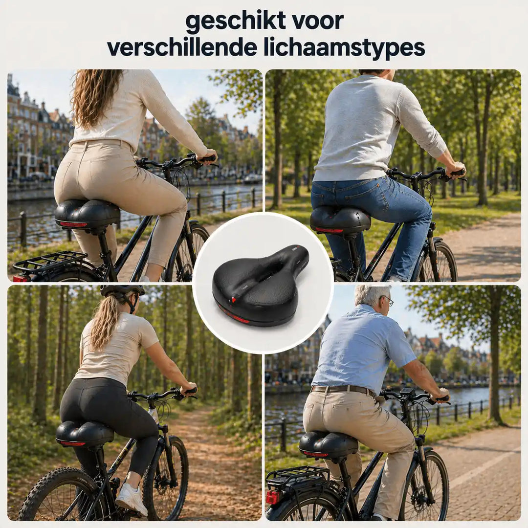 Collage von vier Radfahrern unterschiedlicher Statur auf dem Sattel, in der Mitte der Sattel einzeln freigestellt. 11