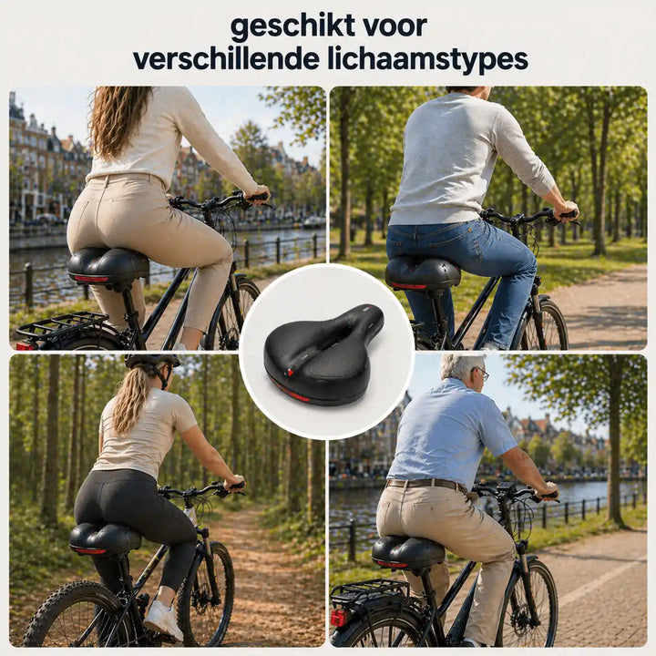 Collage von vier Radfahrern unterschiedlicher Statur auf dem Sattel, in der Mitte der Sattel einzeln freigestellt. 11
