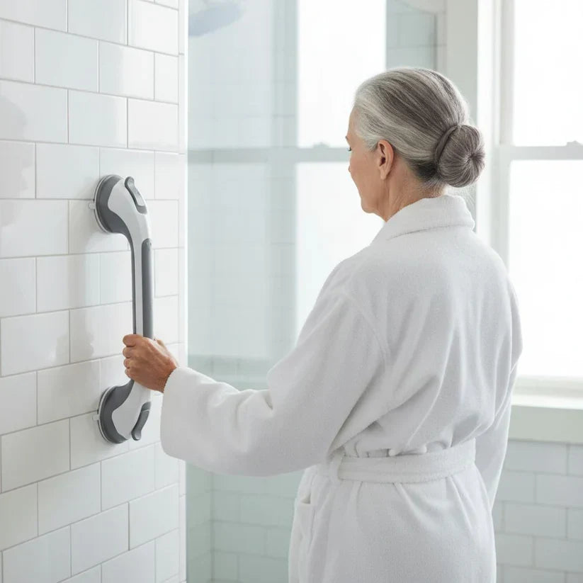Frau im Bademantel hält sich in der gefliesten Dusche an einem senkrecht montierten Sauggriff fest, Rückansicht. 3