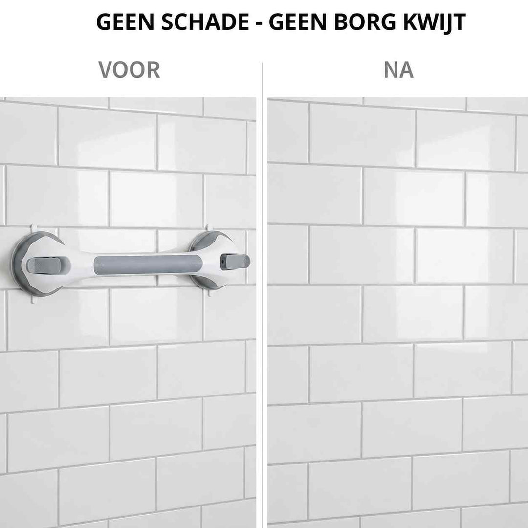 Vorher-Nachher-Vergleich: links der Sauggriff an einer weißen Fliesenwand, rechts dieselbe Wand nach dem Abnehmen ohne sichtbare Spuren. 9