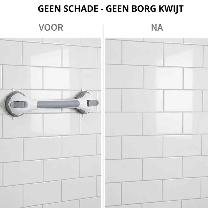 Vorher-Nachher-Vergleich: links der Sauggriff an einer weißen Fliesenwand, rechts dieselbe Wand nach dem Abnehmen ohne sichtbare Spuren. 9