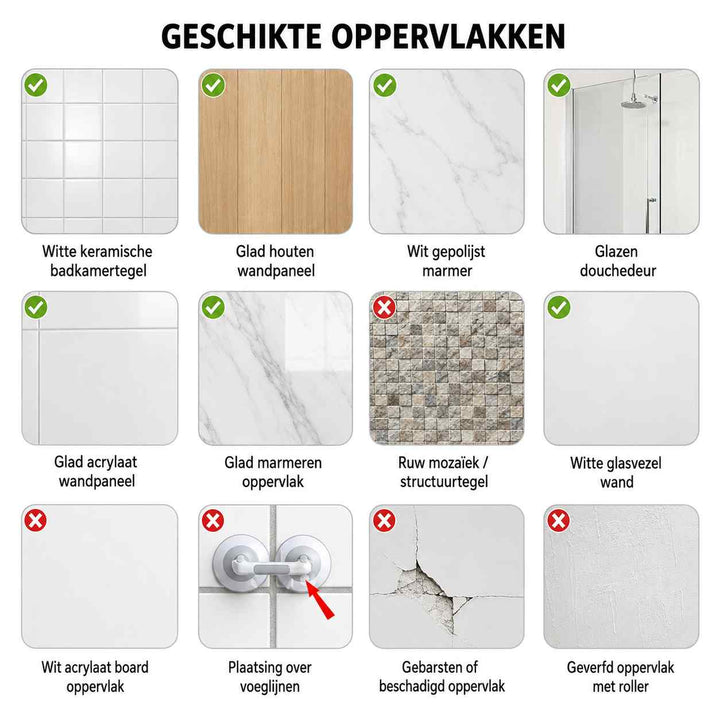 Übersicht geeigneter und ungeeigneter Untergründe mit Häkchen und Kreuzen, etwa glatte Fliesen, Marmor und Glas gegenüber Mosaik, Fugen und rissigen Wänden. 12