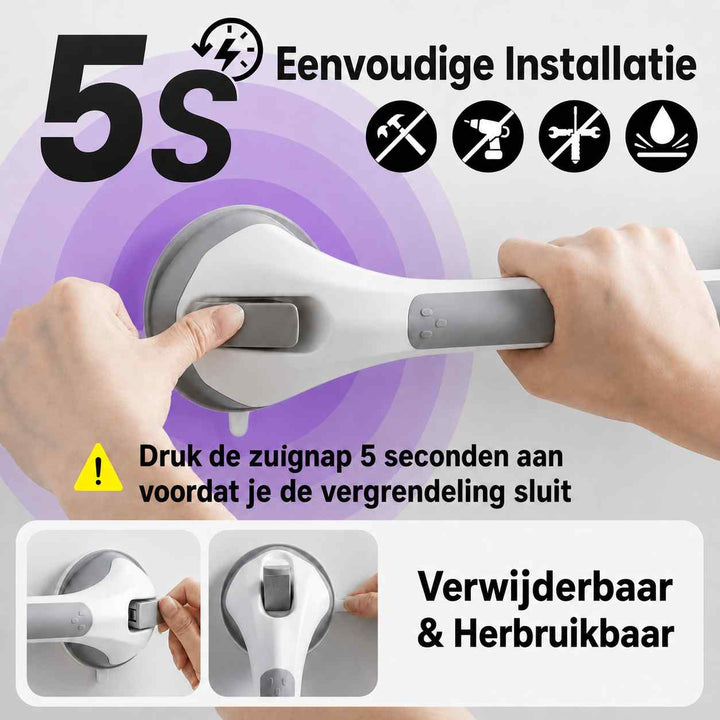 Infografik zur Installation in fünf Sekunden ohne Bohren: Eine Hand drückt den Saugnapf an, die andere hält den Griff, mit Detailbildern des Hebels. 4