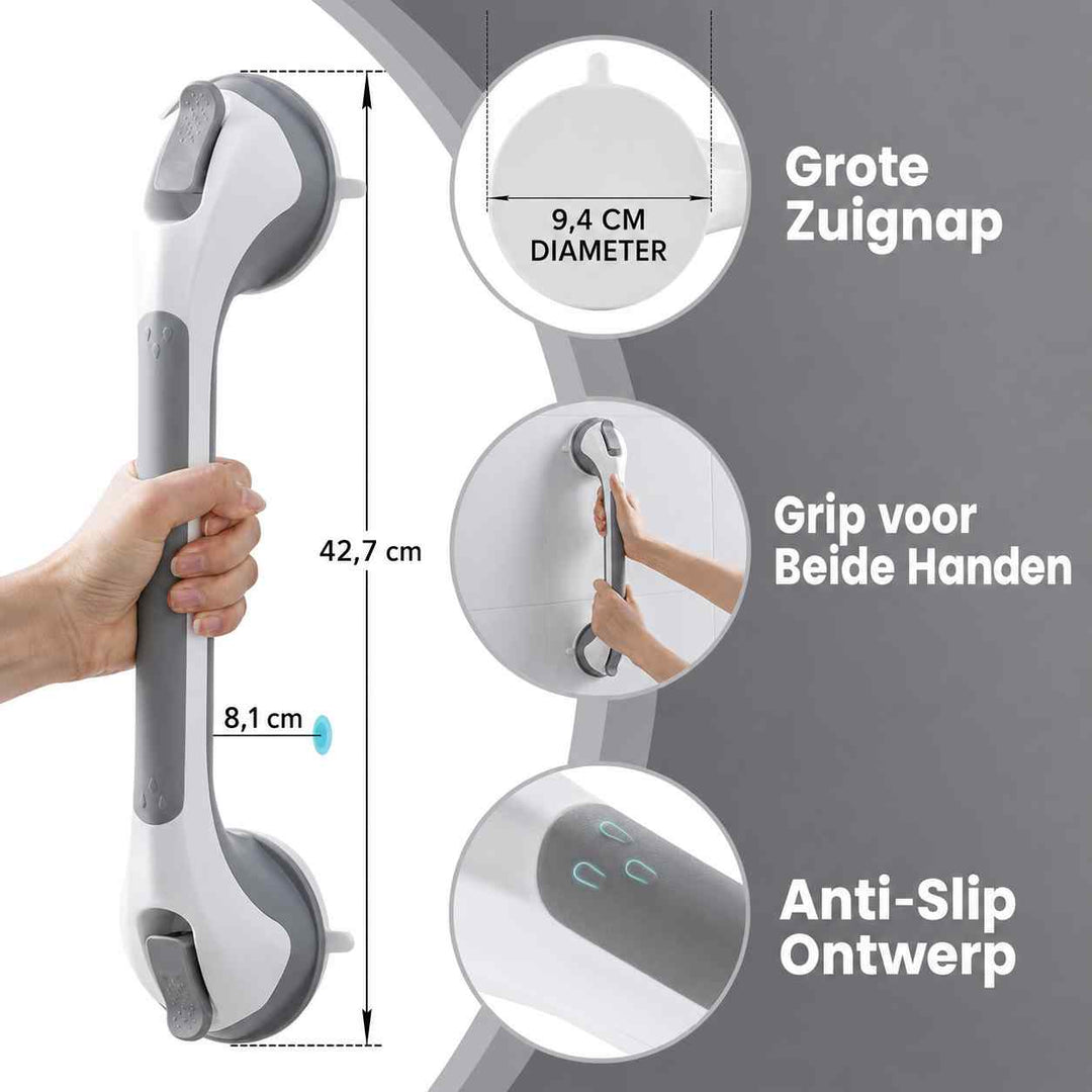 Der Sauggriff in der Hand mit eingezeichneten Maßen, dazu Detailkreise zu Saugnapf, beidhändigem Halt und rutschfestem Griffprofil. 10