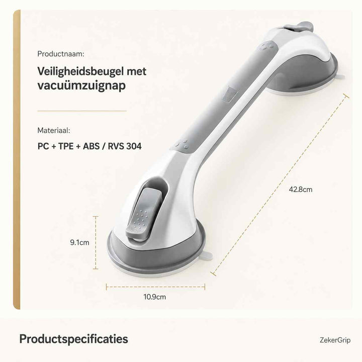 Schräge Produktansicht des Sauggriffs mit eingezeichneten Maßen und Angaben zu den verwendeten Materialien. 11