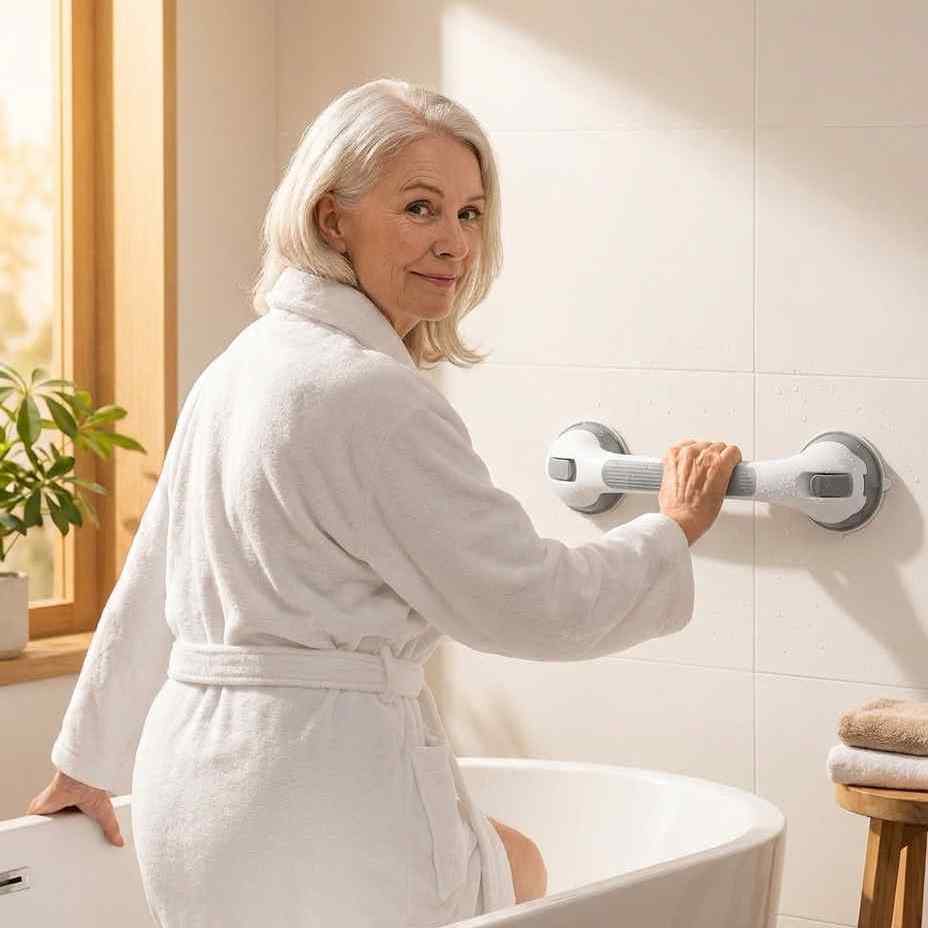 Ältere Frau im weißen Bademantel hält sich am an der Fliesenwand befestigten Sauggriff fest, während sie in die Badewanne steigt. 1
