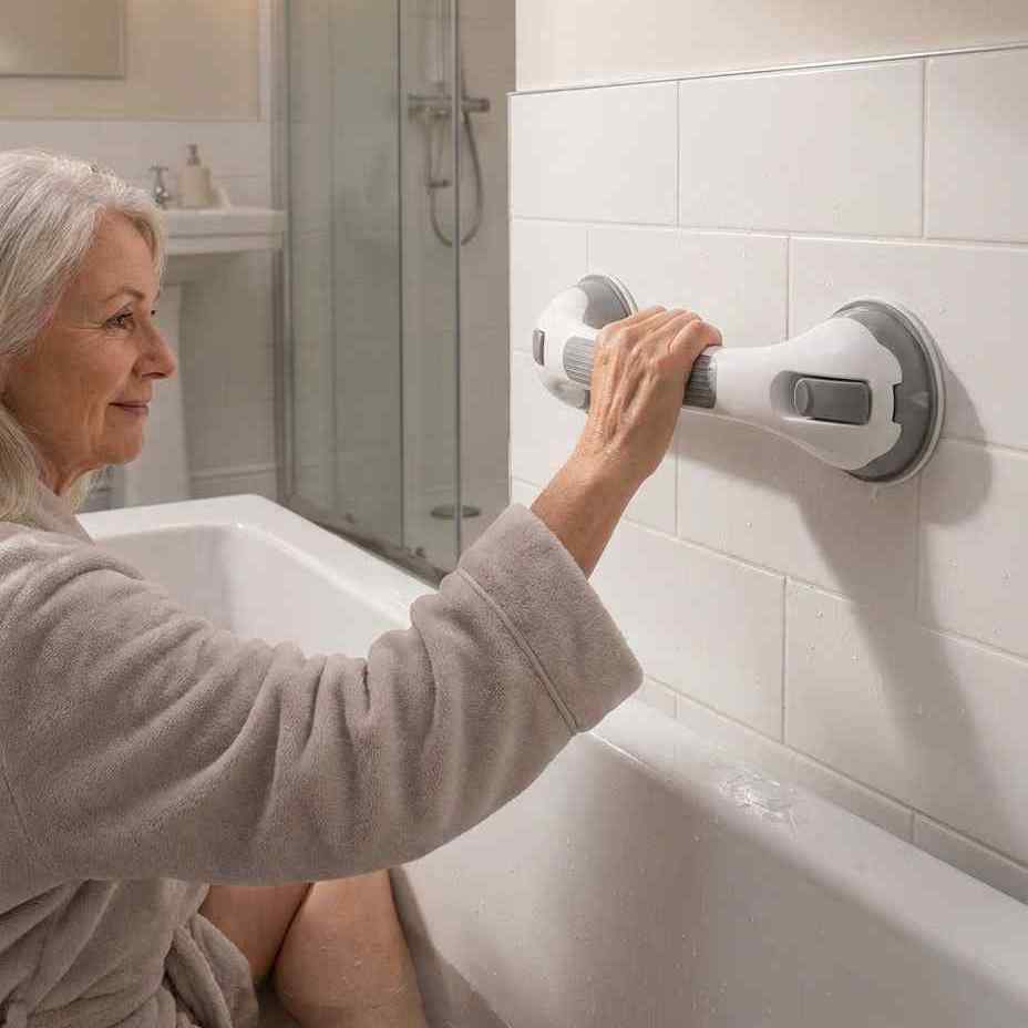 Ältere Frau im Bademantel sitzt am Wannenrand und stützt sich am Sauggriff an der weißen Fliesenwand ab. 8