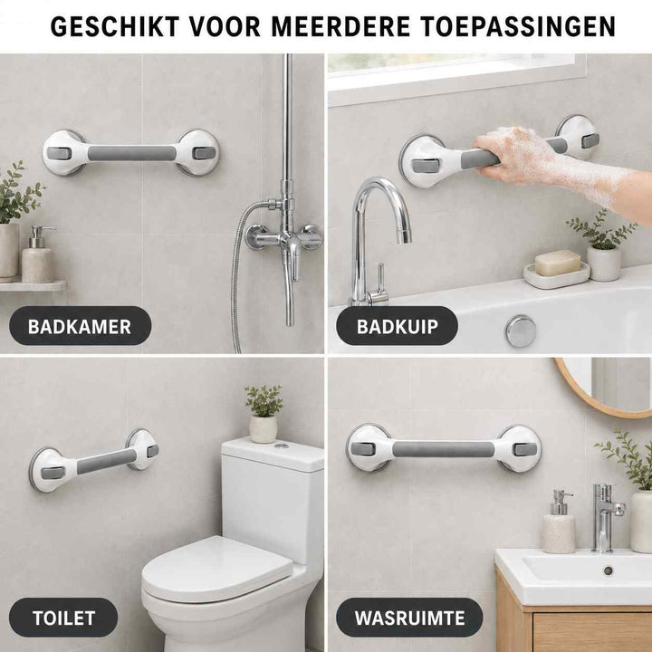 Vier Einsatzbereiche des Sauggriffs im Bad: an der Dusche, an der Badewanne, neben der Toilette und am Waschbecken. 7