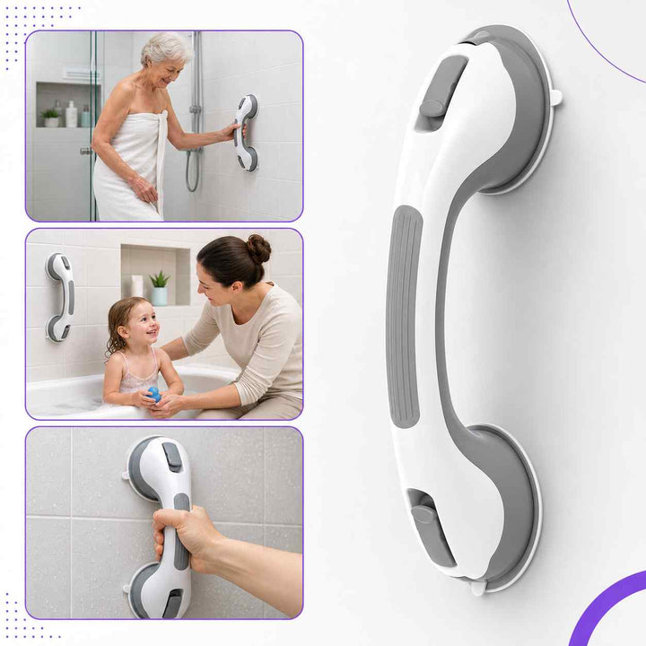Der Sauggriff freigestellt neben drei Anwendungsbildern: Seniorin in der Dusche, Mutter mit Kind an der Badewanne und Hand am Griff. 5