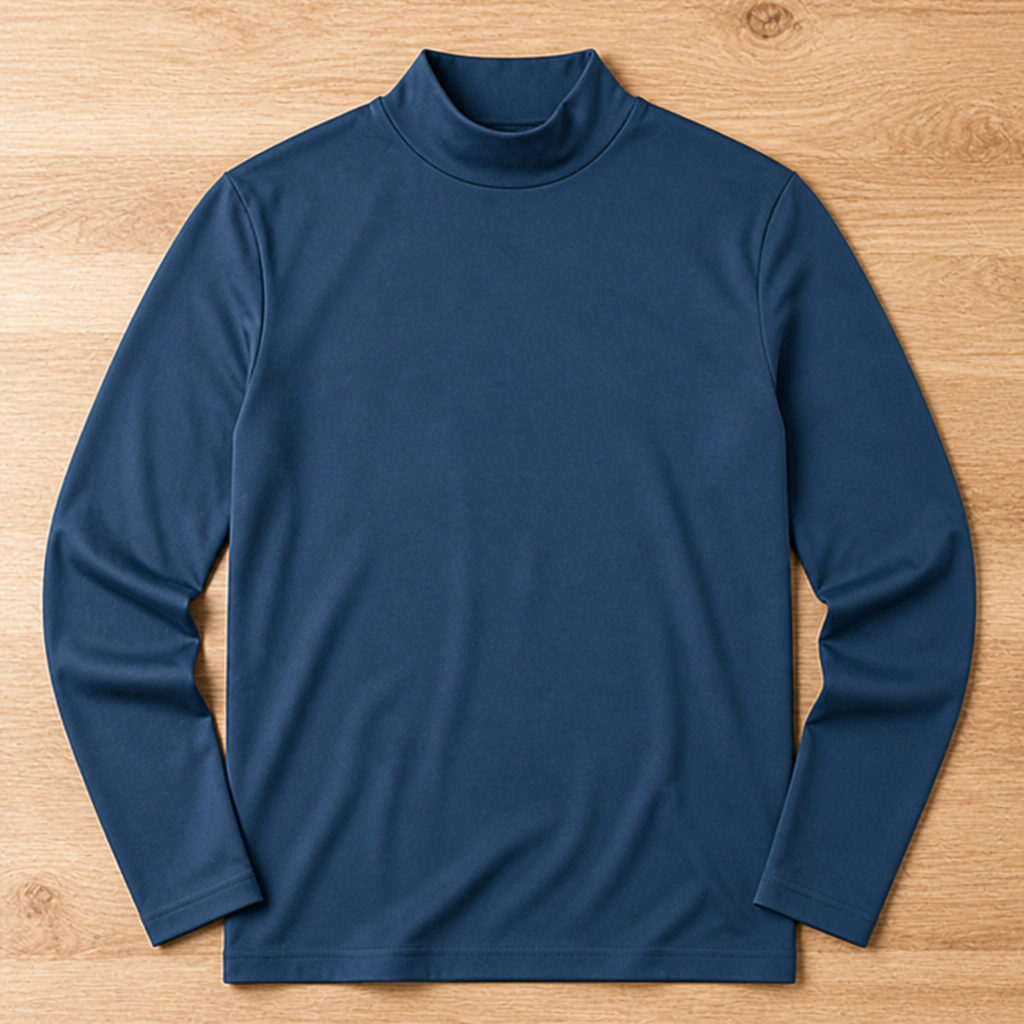 Blaues Langarmshirt mit hohem Kragen liegt in der Draufsicht ausgebreitet auf einem Holzboden. 12