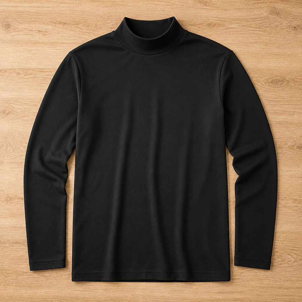 Schwarzes Langarmshirt mit hohem Kragen liegt von vorn gesehen glatt ausgebreitet auf hellem Holzboden. 10